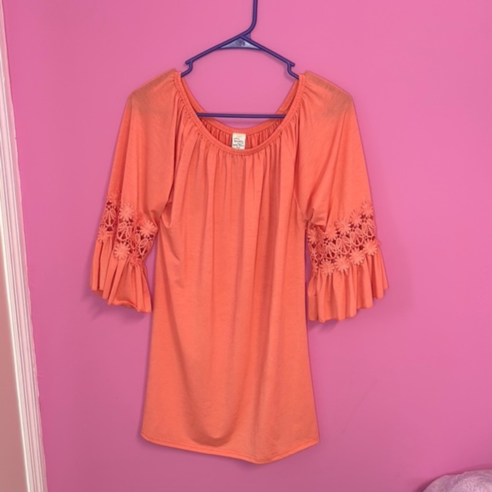 BOHO Coral Tunic with Floral Lace Sleeves